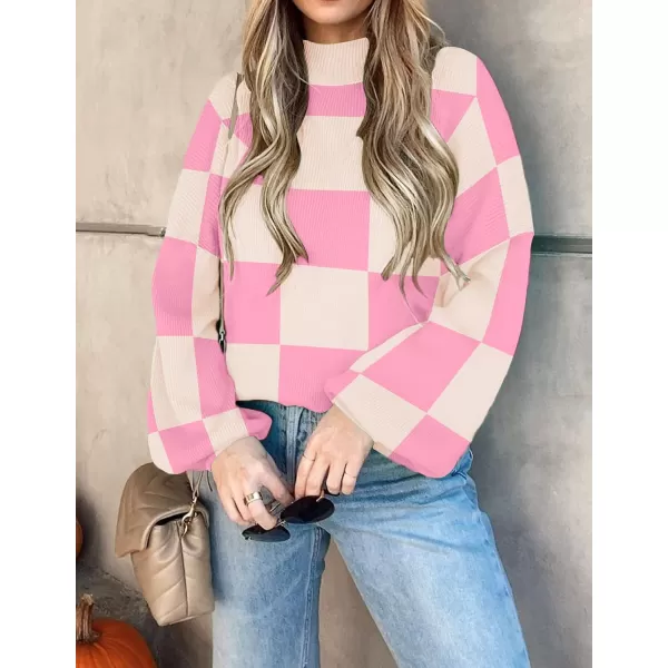 ZESICA Womens 2024 Fall Fashion Turtleneck Long Sleeve Striped Ribbed Knit Loose Pullover Sweater TopsPinkplaid