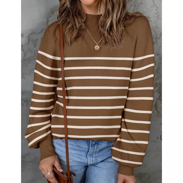 ZESICA Womens 2024 Fall Fashion Turtleneck Long Sleeve Striped Ribbed Knit Loose Pullover Sweater TopsTan