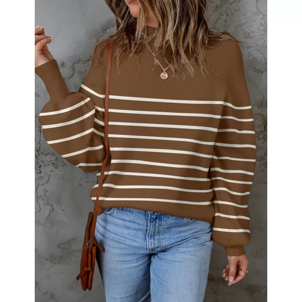 ZESICA Womens 2024 Fall Fashion Turtleneck Long Sleeve Striped Ribbed Knit Loose Pullover Sweater TopsTan