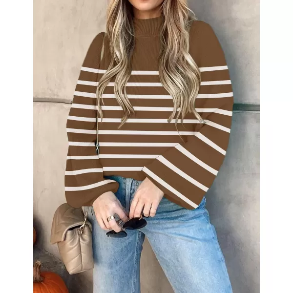 ZESICA Womens 2024 Fall Fashion Turtleneck Long Sleeve Striped Ribbed Knit Loose Pullover Sweater TopsTan