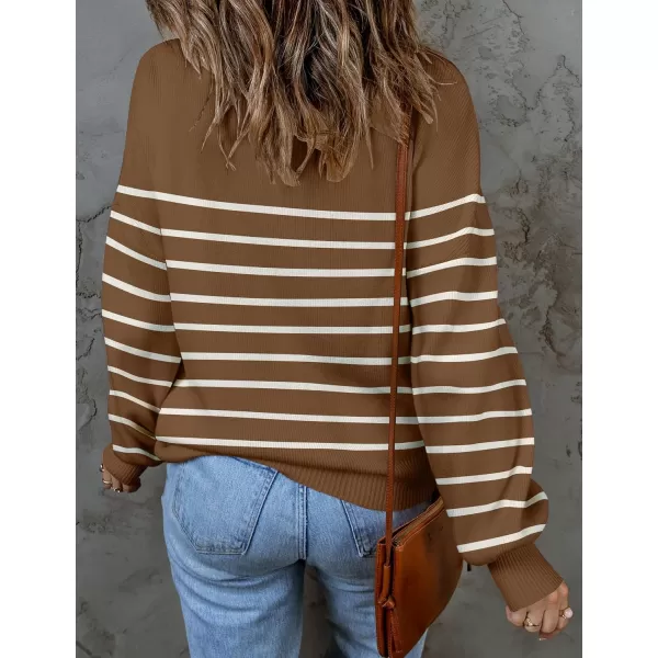 ZESICA Womens 2024 Fall Fashion Turtleneck Long Sleeve Striped Ribbed Knit Loose Pullover Sweater TopsTan