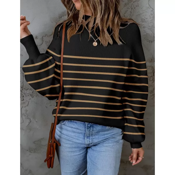 ZESICA Womens 2024 Fall Fashion Turtleneck Long Sleeve Striped Ribbed Knit Loose Pullover Sweater TopsTaupe