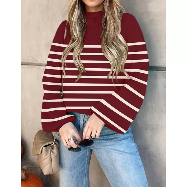 ZESICA Womens 2024 Fall Fashion Turtleneck Long Sleeve Striped Ribbed Knit Loose Pullover Sweater TopsWine