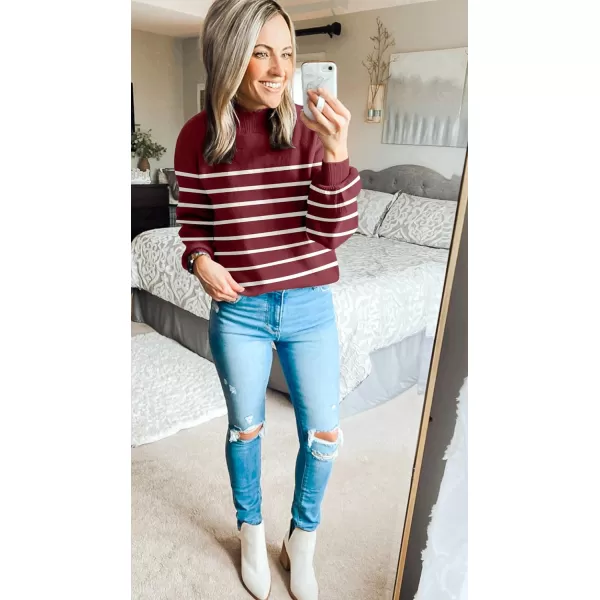 ZESICA Womens 2024 Fall Fashion Turtleneck Long Sleeve Striped Ribbed Knit Loose Pullover Sweater TopsWine