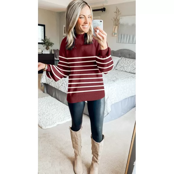 ZESICA Womens 2024 Fall Fashion Turtleneck Long Sleeve Striped Ribbed Knit Loose Pullover Sweater TopsWine