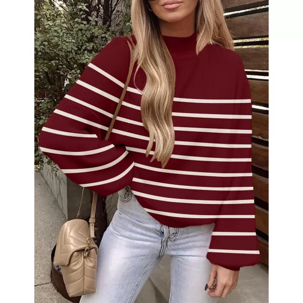 ZESICA Womens 2024 Fall Fashion Turtleneck Long Sleeve Striped Ribbed Knit Loose Pullover Sweater TopsWine