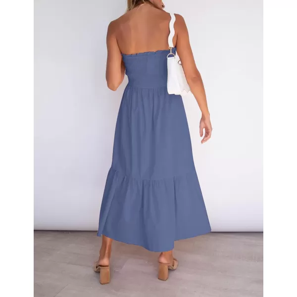 ZESICA Womens 2024 Summer Strapless Dress Off Shoulder Sleeveless High Waist Solid Color Beach Long DressesDustyblue