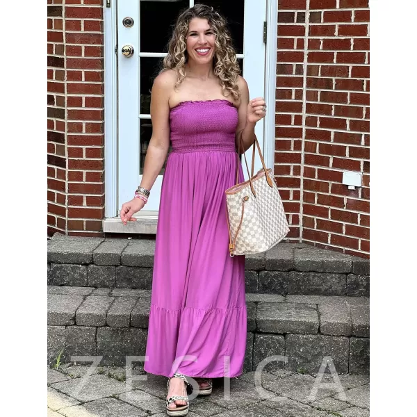 ZESICA Womens 2024 Summer Strapless Dress Off Shoulder Sleeveless High Waist Solid Color Beach Long DressesPurple