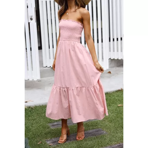 ZESICA Womens 2024 Summer Strapless Dress Off Shoulder Sleeveless High Waist Solid Color Beach Long DressesSolid Blush Pink