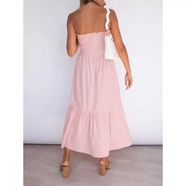 ZESICA Womens 2024 Summer Strapless Dress Off Shoulder Sleeveless High Waist Solid Color Beach Long DressesSolid Blush Pink