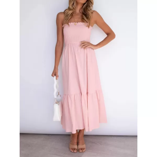 ZESICA Womens 2024 Summer Strapless Dress Off Shoulder Sleeveless High Waist Solid Color Beach Long DressesSolid Blush Pink