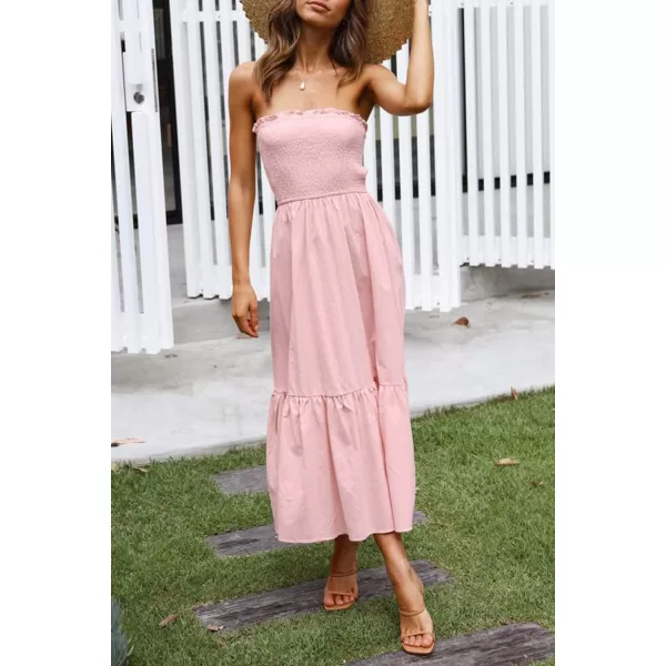 ZESICA Womens 2024 Summer Strapless Dress Off Shoulder Sleeveless High Waist Solid Color Beach Long DressesSolid Blush Pink