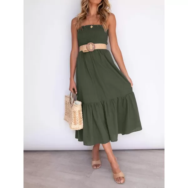 ZESICA Womens 2024 Summer Strapless Dress Off Shoulder Sleeveless High Waist Solid Color Beach Long DressesSolidarmygreen