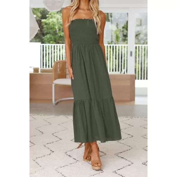 ZESICA Womens 2024 Summer Strapless Dress Off Shoulder Sleeveless High Waist Solid Color Beach Long DressesSolidarmygreen