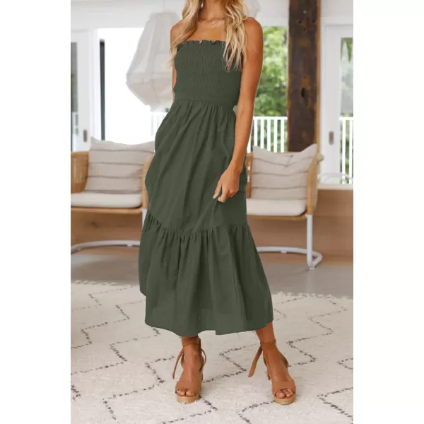 ZESICA Womens 2024 Summer Strapless Dress Off Shoulder Sleeveless High Waist Solid Color Beach Long DressesSolidarmygreen