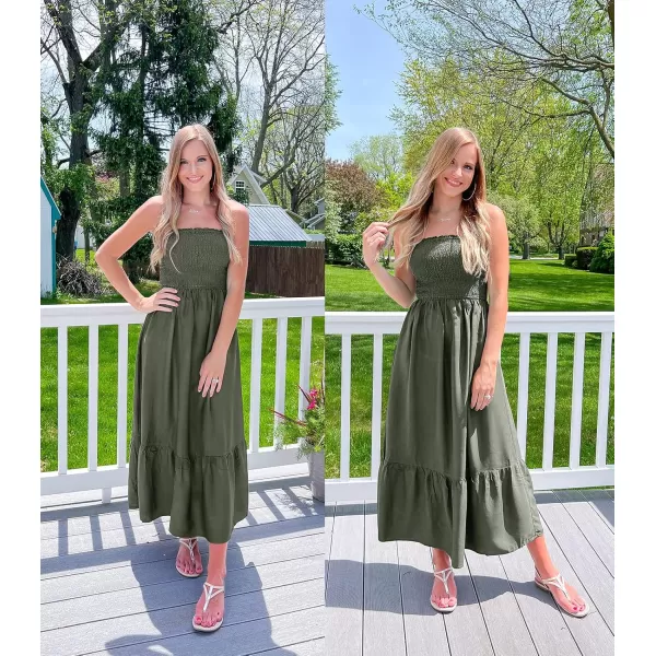 ZESICA Womens 2024 Summer Strapless Dress Off Shoulder Sleeveless High Waist Solid Color Beach Long DressesSolidarmygreen