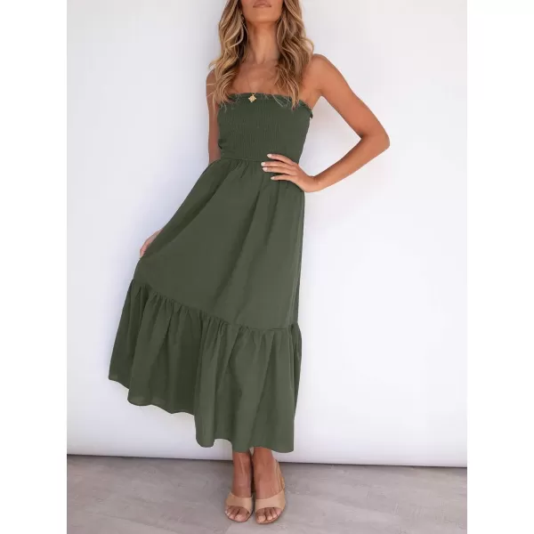 ZESICA Womens 2024 Summer Strapless Dress Off Shoulder Sleeveless High Waist Solid Color Beach Long DressesSolidarmygreen
