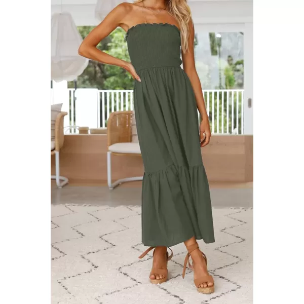 ZESICA Womens 2024 Summer Strapless Dress Off Shoulder Sleeveless High Waist Solid Color Beach Long DressesSolidarmygreen
