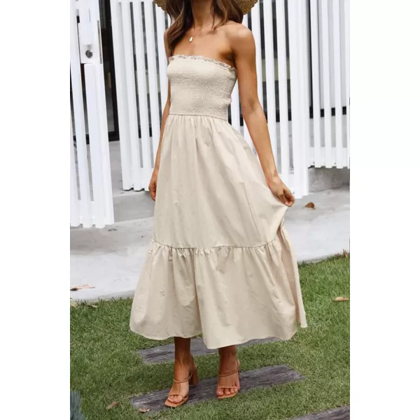 ZESICA Womens 2024 Summer Strapless Dress Off Shoulder Sleeveless High Waist Solid Color Beach Long DressesSolidbeige