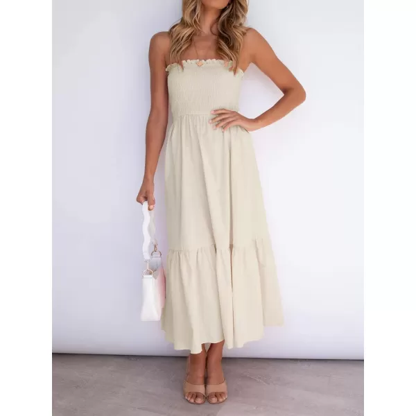 ZESICA Womens 2024 Summer Strapless Dress Off Shoulder Sleeveless High Waist Solid Color Beach Long DressesSolidbeige