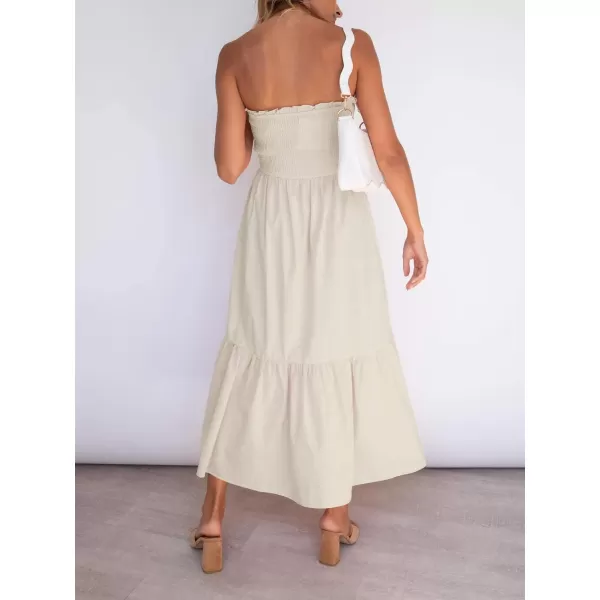 ZESICA Womens 2024 Summer Strapless Dress Off Shoulder Sleeveless High Waist Solid Color Beach Long DressesSolidbeige