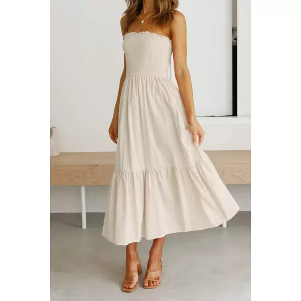 ZESICA Womens 2024 Summer Strapless Dress Off Shoulder Sleeveless High Waist Solid Color Beach Long DressesSolidbeige