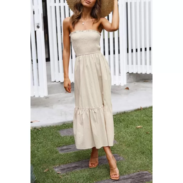 ZESICA Womens 2024 Summer Strapless Dress Off Shoulder Sleeveless High Waist Solid Color Beach Long DressesSolidbeige