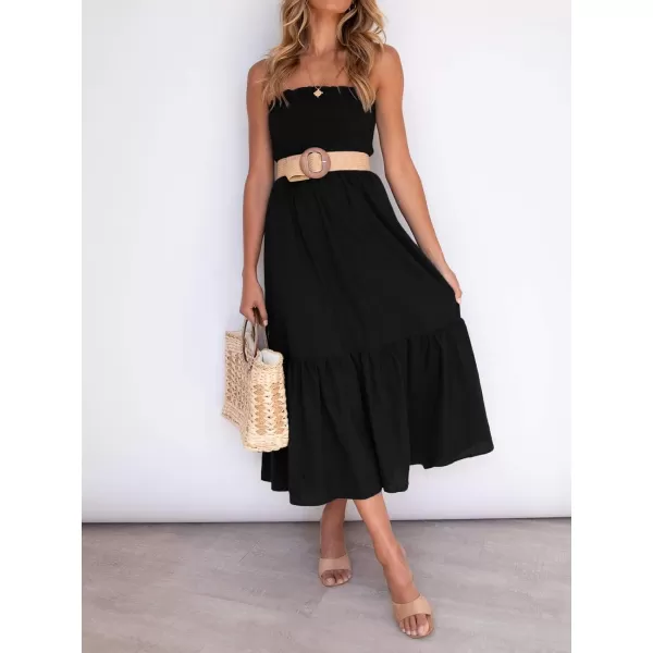 ZESICA Womens 2024 Summer Strapless Dress Off Shoulder Sleeveless High Waist Solid Color Beach Long DressesSolidblack