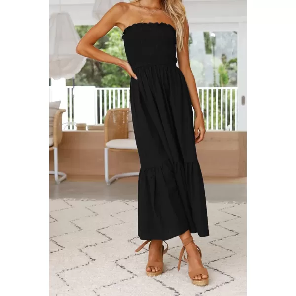 ZESICA Womens 2024 Summer Strapless Dress Off Shoulder Sleeveless High Waist Solid Color Beach Long DressesSolidblack
