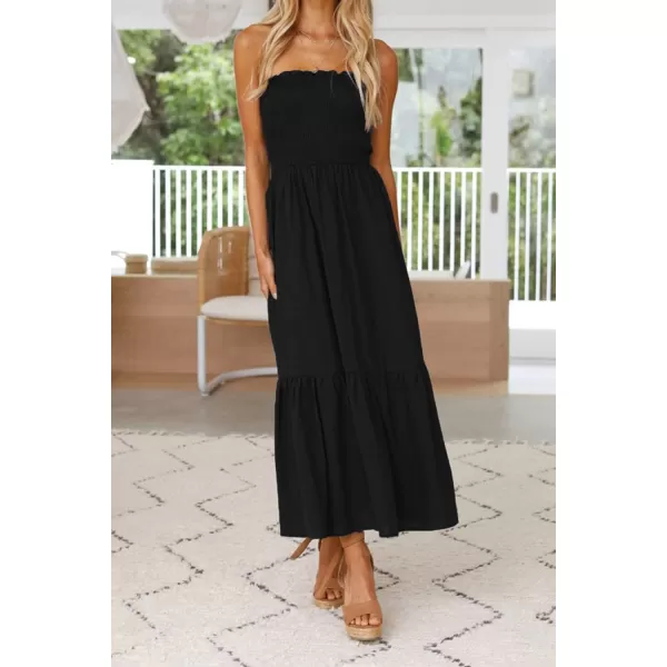 ZESICA Womens 2024 Summer Strapless Dress Off Shoulder Sleeveless High Waist Solid Color Beach Long DressesSolidblack