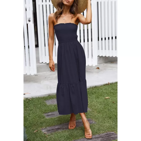 ZESICA Womens 2024 Summer Strapless Dress Off Shoulder Sleeveless High Waist Solid Color Beach Long DressesSolidnavy