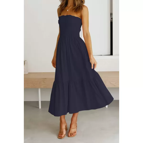 ZESICA Womens 2024 Summer Strapless Dress Off Shoulder Sleeveless High Waist Solid Color Beach Long DressesSolidnavy