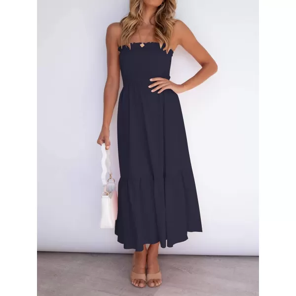 ZESICA Womens 2024 Summer Strapless Dress Off Shoulder Sleeveless High Waist Solid Color Beach Long DressesSolidnavy