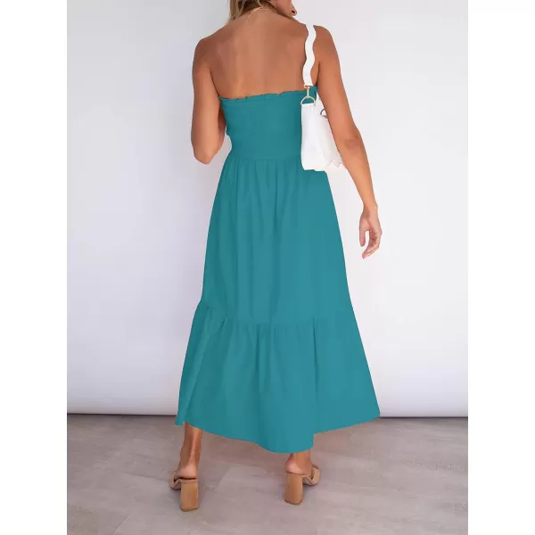 ZESICA Womens 2024 Summer Strapless Dress Off Shoulder Sleeveless High Waist Solid Color Beach Long DressesSolidpeacock