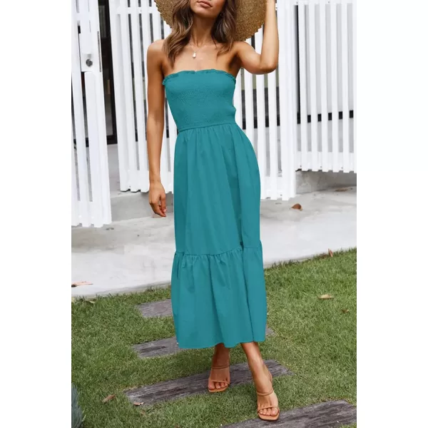 ZESICA Womens 2024 Summer Strapless Dress Off Shoulder Sleeveless High Waist Solid Color Beach Long DressesSolidpeacock