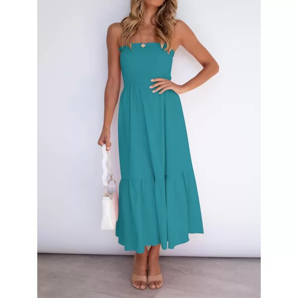 ZESICA Womens 2024 Summer Strapless Dress Off Shoulder Sleeveless High Waist Solid Color Beach Long DressesSolidpeacock