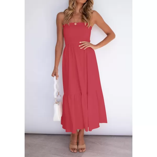 ZESICA Womens 2024 Summer Strapless Dress Off Shoulder Sleeveless High Waist Solid Color Beach Long DressesWatermelon