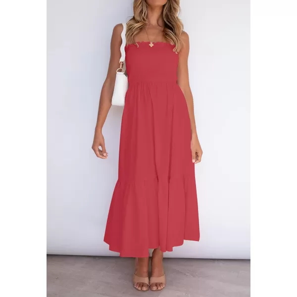 ZESICA Womens 2024 Summer Strapless Dress Off Shoulder Sleeveless High Waist Solid Color Beach Long DressesWatermelon