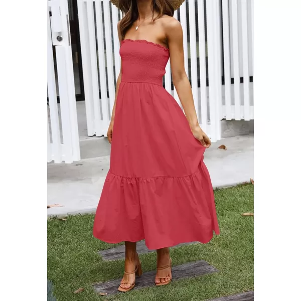 ZESICA Womens 2024 Summer Strapless Dress Off Shoulder Sleeveless High Waist Solid Color Beach Long DressesWatermelon