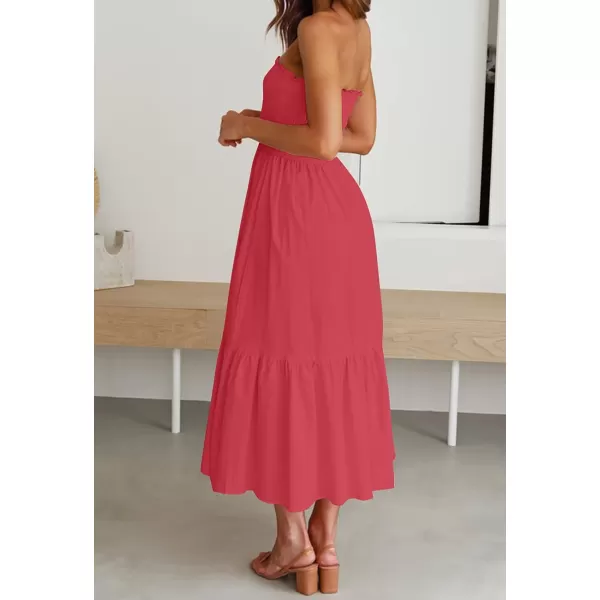 ZESICA Womens 2024 Summer Strapless Dress Off Shoulder Sleeveless High Waist Solid Color Beach Long DressesWatermelon