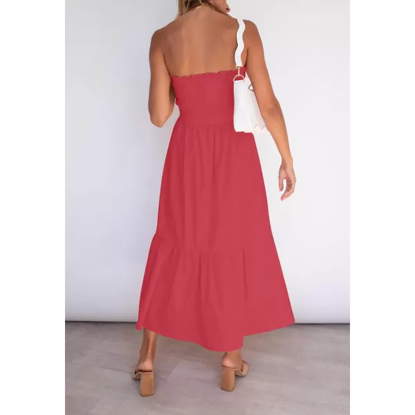 ZESICA Womens 2024 Summer Strapless Dress Off Shoulder Sleeveless High Waist Solid Color Beach Long DressesWatermelon