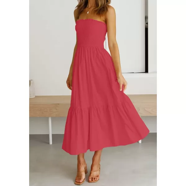 ZESICA Womens 2024 Summer Strapless Dress Off Shoulder Sleeveless High Waist Solid Color Beach Long DressesWatermelon