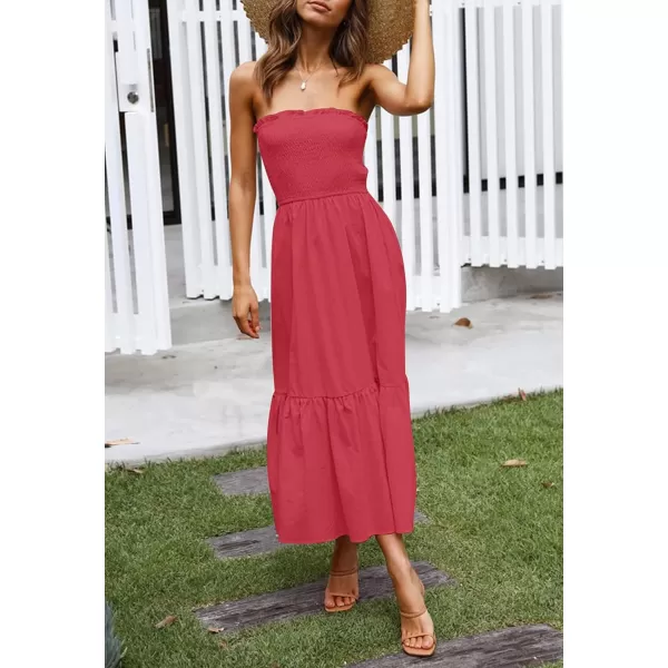 ZESICA Womens 2024 Summer Strapless Dress Off Shoulder Sleeveless High Waist Solid Color Beach Long DressesWatermelon