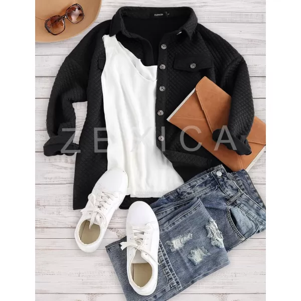 ZESICA Womens Casual Long Sleeve Button Down Loose Lightweight Shacket Shirt Jacket Coat Outerwear with PocketsBlack