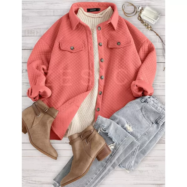 ZESICA Womens Casual Long Sleeve Button Down Loose Lightweight Shacket Shirt Jacket Coat Outerwear with PocketsCoral