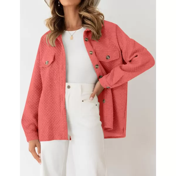 ZESICA Womens Casual Long Sleeve Button Down Loose Lightweight Shacket Shirt Jacket Coat Outerwear with PocketsCoral