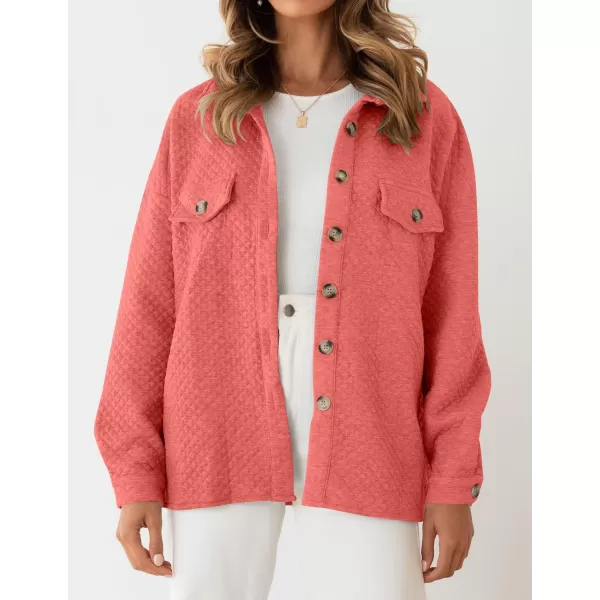 ZESICA Womens Casual Long Sleeve Button Down Loose Lightweight Shacket Shirt Jacket Coat Outerwear with PocketsCoral