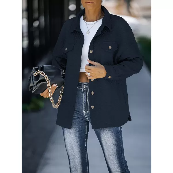 ZESICA Womens Casual Long Sleeve Button Down Loose Lightweight Shacket Shirt Jacket Coat Outerwear with PocketsNavy