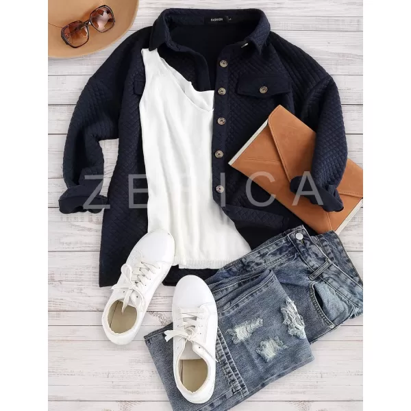 ZESICA Womens Casual Long Sleeve Button Down Loose Lightweight Shacket Shirt Jacket Coat Outerwear with PocketsNavy