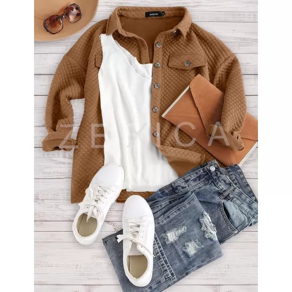 ZESICA Womens Casual Long Sleeve Button Down Loose Lightweight Shacket Shirt Jacket Coat Outerwear with PocketsTan